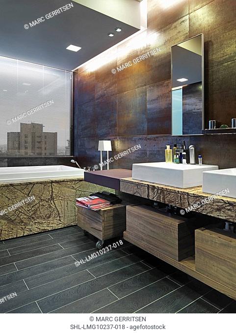 Modern bathroom with dark hardwood floor