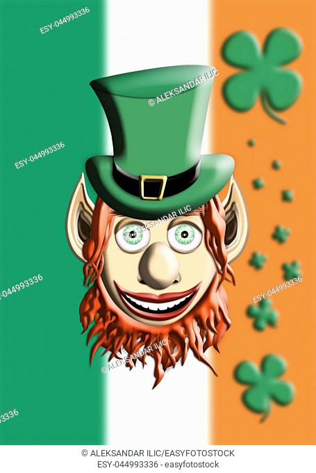 St Patrick's Day. Leprechaun With Green Hat Against Irish Flag and Four Leaf Clover Background 3D illustration