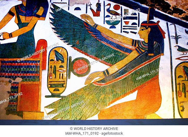 Maa'at the Egyptian goddess of truth, Wall Painting Inside the tomb (QV66) of Nefertari, in Egypt's Valley of the Queens