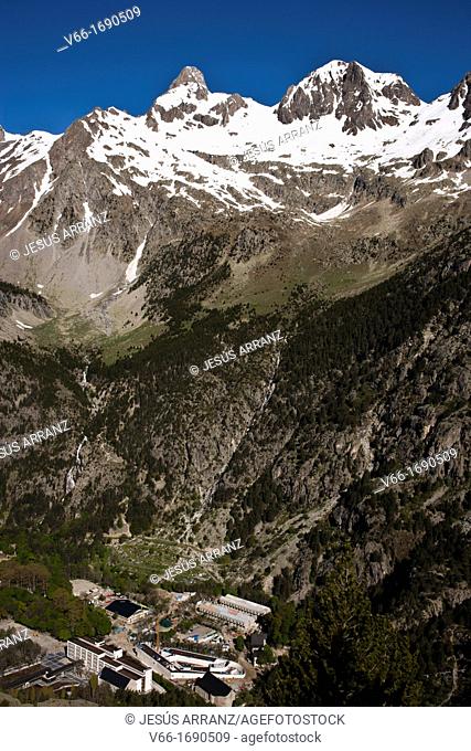 Aerial view of Panticosa Spa, with peaks and Garmo Argualas Black