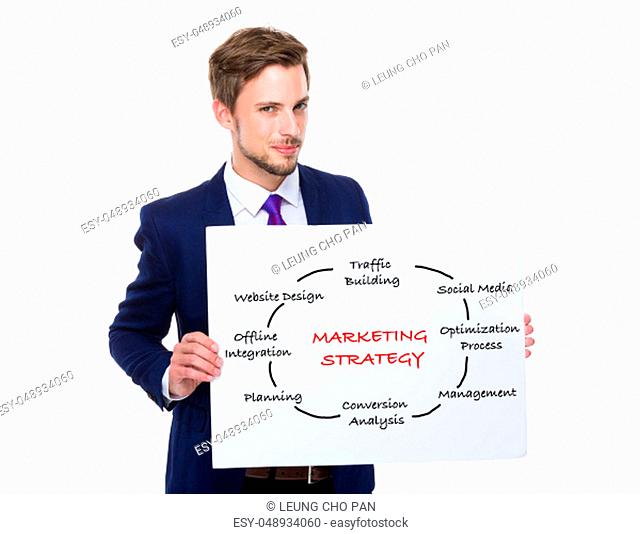 Businessman hold with white board showing marketing Strategy concept