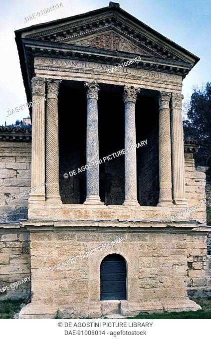 The Temple of Clitumnus, Lombard period (Unesco World Heritage List, 2011), Campello sul Clitunno, Umbria. Italy, 4th-5th century AD