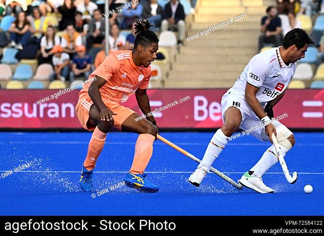 Dutch Terrance Pieters and Belgium's Alexander Hendrickx pictured during a hockey game between Belgian national men's hockey team Red Lions and the Netherlands