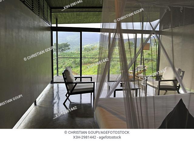 room overlooking the surrounding mountain range, chalet of Santani Wellness Resort, Arantenna Estate, . Werapitiya, Kandy, Sri Lanka, Indian subcontinent