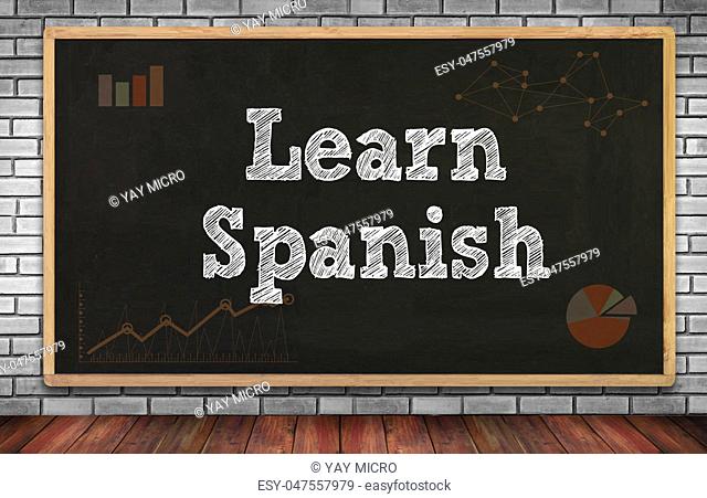 Learn Spanish on brick wall and chalkboard background
