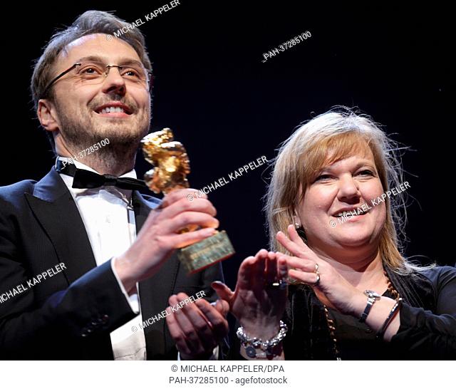 Director Calin Peter Netzer and producer Ada Solomon receive the Golden Bear for Best Film for the movie 'Child's Pose' ('Pozitia Copilului') from festival...