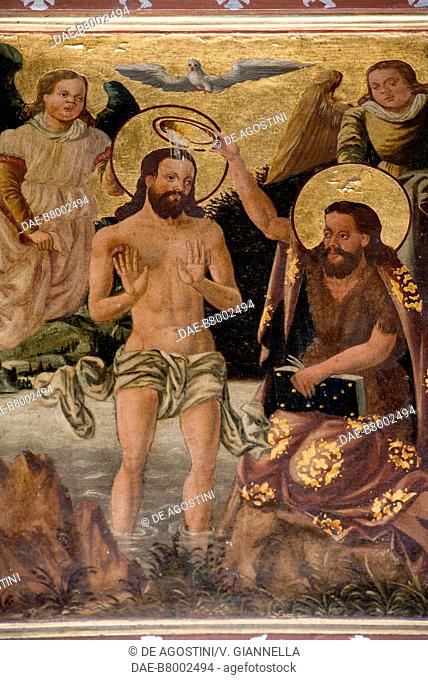 The baptism of Jesus, painting on wood in the collegiate church of Saint Candidus, San Candido (Innichen), Trentino-Alto Adige, Italy