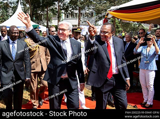 25 February 2020, Kenya, Nairobi: Federal President Frank-Walter Steinmeier (centre left) and Uhuru Kenyatta (centre right), President of Kenya
