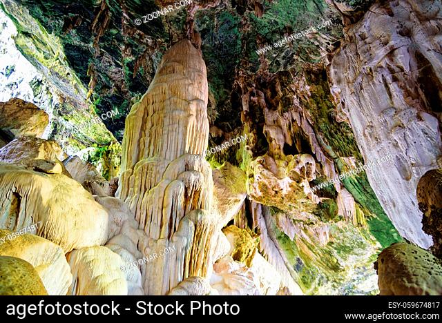 Beautiful nature of stalactite and stalagmite at Bua Boke Cave Natural Trail on Ko Wua Ta Lap Island in Mu Ko Ang Thong marine national park in the Gulf of...