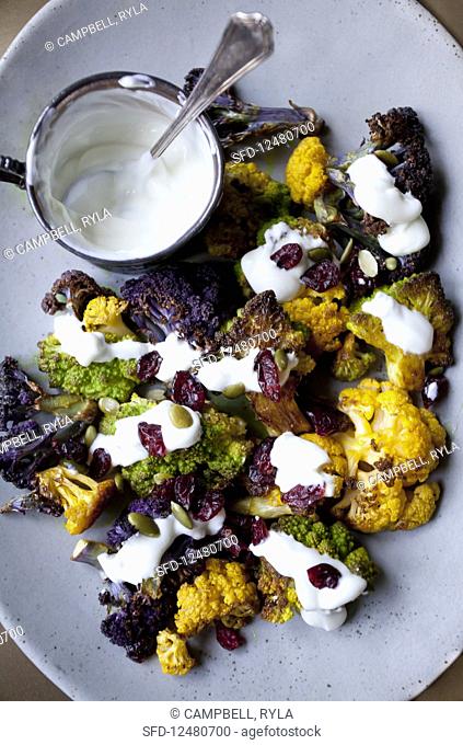 White and purple cauliflower and romanesco broccoli florets roasted in turmeric oil, topped with yogurt sauce with dried cranberries and pumpkin seeds