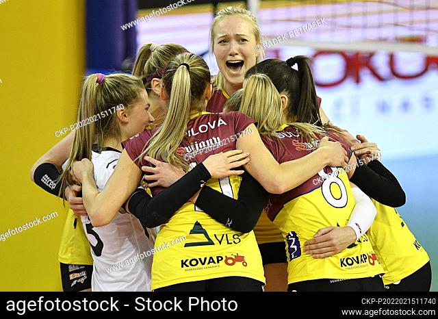 Michaela Necasova, centre, and her Liberec teammates celebrate during the women's Champions League Group C, 6th round, volleyball match Dukla Liberec vs THY...