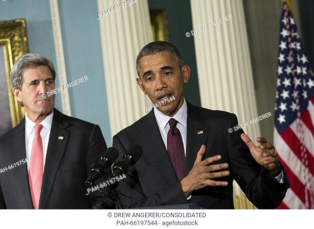 United States Secretary of State John Kerry, left, looks on as US President Barack Obama makes a statement after meeting with his National Security Council at...