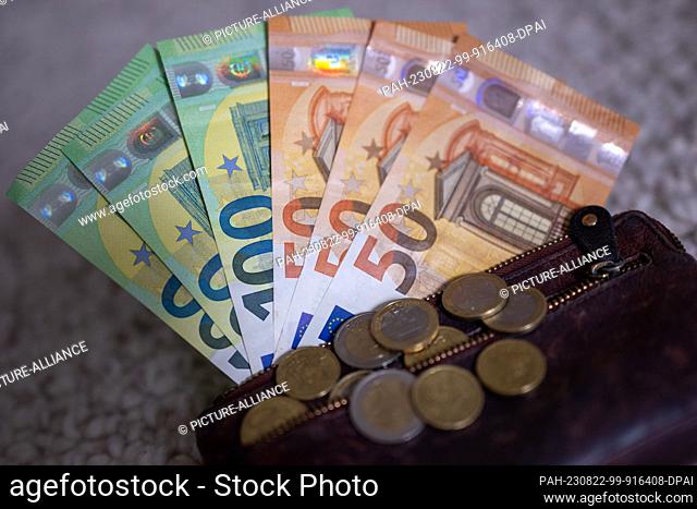 ILLUSTRATION - 21 August 2023, Berlin: Banknotes with the value of 100 and 50 euros are in a purse, while coins are on the purse