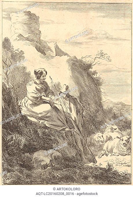 On a hill a shepherdess and a shepherd can be seen, Jan de Visscher, Nicolaes Pietersz. Berchem, 1643 - 1692