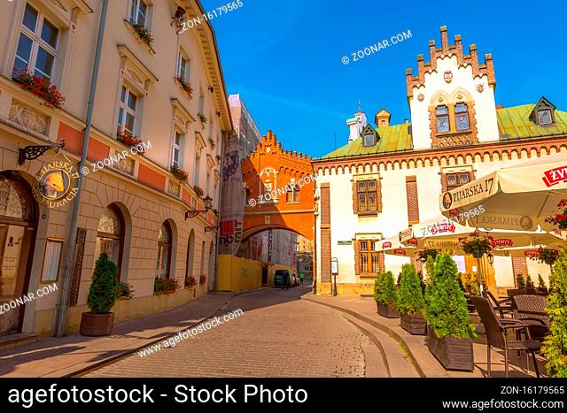 Krakow, Poland - June 18, 2019: Cityscape with Church of the Transfiguration of the Lord Pijarska in old town
