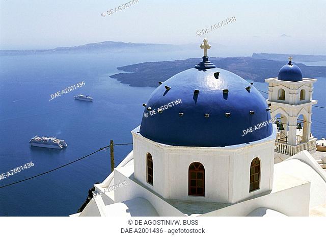 Dome and bell tower of the church of Anastasis, Imerovigli, Santorini island, Cyclades islands, Greece
