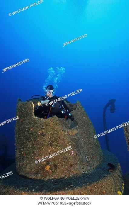 Scuba Diver at Chimney of Wreck Lina, Cres Island, Adriatic Sea, Croatia