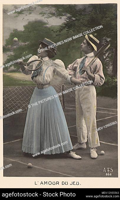 French Tennis Couple with woman hitting ball