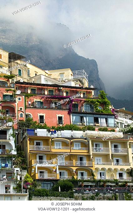 Colorful buildings of Amalfi, a town in the province of Salerno, in the region of Campania, Italy, on the Gulf of Salerno, 24 miles southeast of Naples