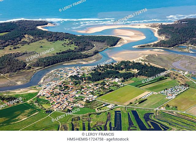France, Vendee, Talmont Saint Hilaire, Le Port, La Guittiere marshes and the Payre estuary (aerial view)
