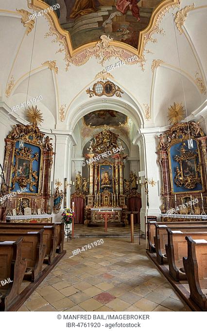 Baroque interior with altar, pilgrimage church St. Anna, Harlaching, Munich, Upper Bavaria, Bavaria, Germany