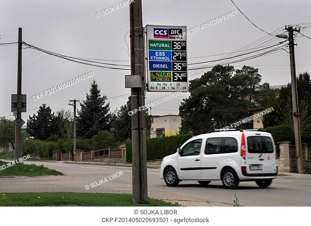 petrol station Hustopece, Brno, price list, NATURAL, E85 ETHANOL, DIESEL, NATURAL DIESEL, Czech Republic, April 5, 2014. (CTK Photo/Libor Sojka)
