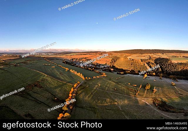 Germany, Thuringia, Großbreitenbach, Friedersdorf, avenue from Wildenspring to Friedersdorf, autumn leaves, fields, mountains, aerial view, morning light