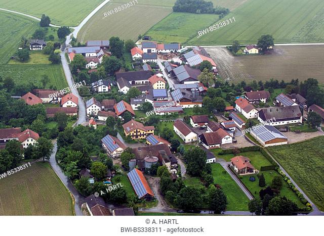 aerial view to village with many solar roofs, Germany, Bavaria, Prenzing