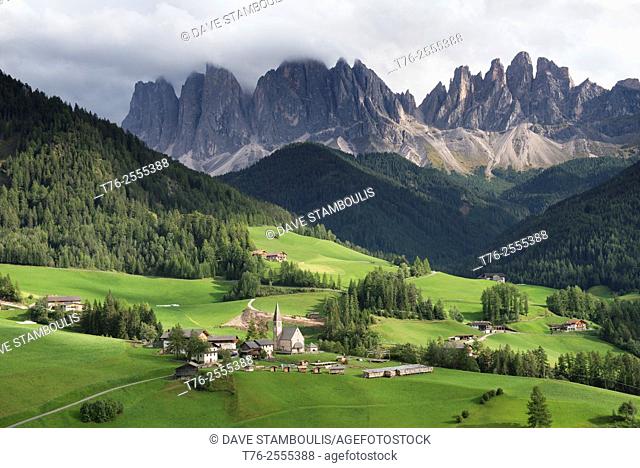 The beautiful Santa Maddalena and Val di Funes under the magnificent Odle Range in the Puez Odle Nature Park, Dolomites, South Tirol, Italy