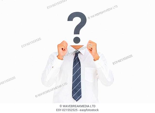 Businessman holding a paper with a question mark over face