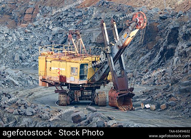 RUSSIA, DONETSK PEOPLE'S REPUBLIC - DECEMBER 5, 2023: Electric rope shovels in Telmanovsky granite quarry run by the Nedra state corporation