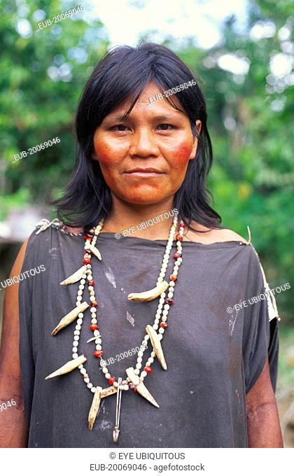 Machiguenga Indian woman wearing beaded necklaces