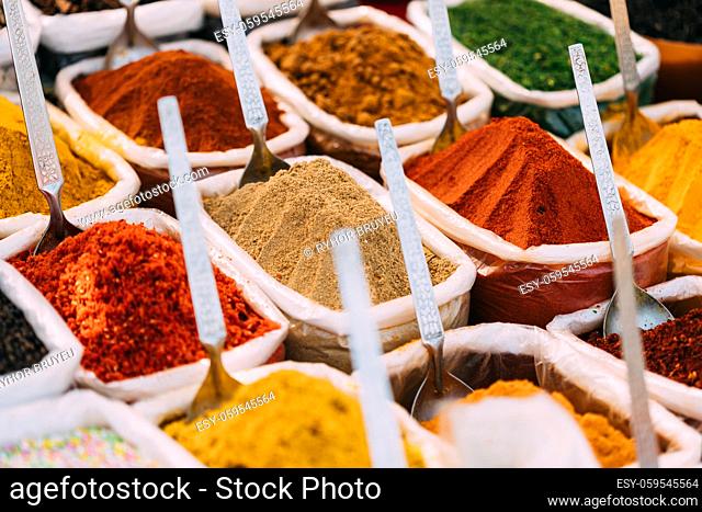 Close View Of Masala Curry, Bright Colors Fragrant Seasoning, Condiment In Bags On Local Food Market, Bazaar