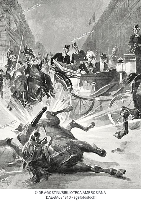 Attack on Alfonso XIII, King of Spain, May 31, 1905, Paris, France, drawing by Gennaro Amato, from L'Illustrazione Italiana, Year XXXII, No 24, June 11, 1905