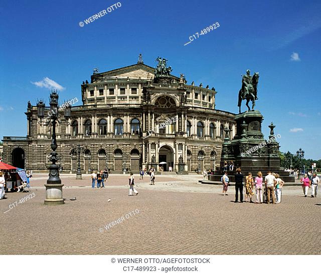Theatre Square with Semper Opera and equestrian statue of King Johann in Dresden. Germany, Dresden, Elbe, Saxony