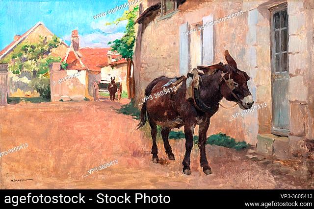 Dameron Emile Charles - Town Street with Donkeys - French School - 19th Century