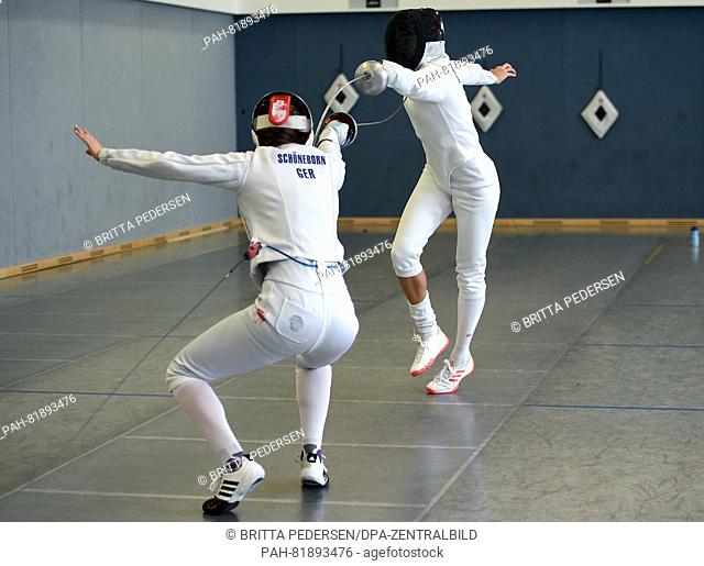 Modern pentathlete Lena Schoeneborn and her sister Deborah in action during a media day for the Olympic Games 2016 in Rio de Janeiro
