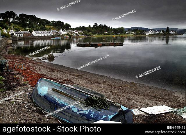 Loch Carron, loch, beach, fishing boat, houses of Plockton, white houses, cottages, grey sky, Plockton, west coast, highlands, highlands, Scotland