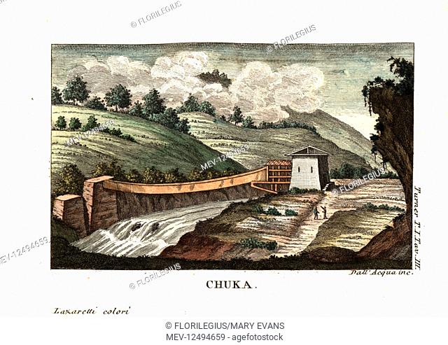 View of the village of Chuka, Tibet. Illustration by Lieutenant Samuel Davis from Captain Samuel Turner's Account of an Embassy to the Court of the Teshoo Lama...