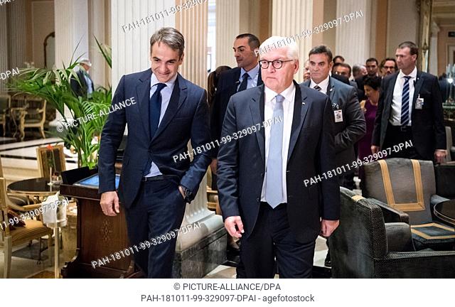11 October 2018, Greece, Athens: Federal President Frank-Walter Steinmeier (r) and the Greek opposition leader Kyriakos Mitsotakis meet for talks at the Hotel...