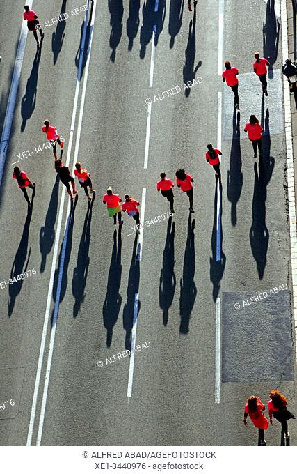 runners, aerial view of the Cursa de la Dona 2019 in Via Laietana, Barcelona, ??Catalonia, Spain