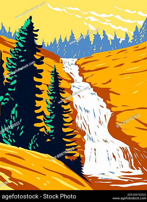 WPA poster art of Chilnualna Falls on Chilnualna Creek in Sierra Nevada within Yosemite National Park, California United States done in works project...