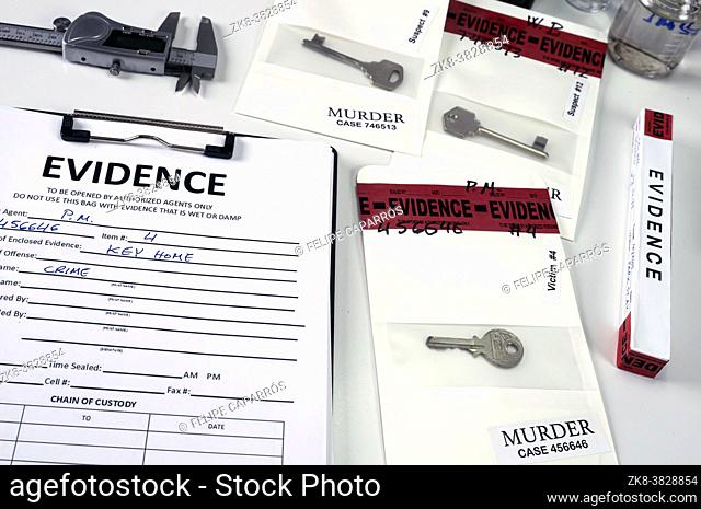 keys in evidence bag, crime lab criminal investigation, conceptual image