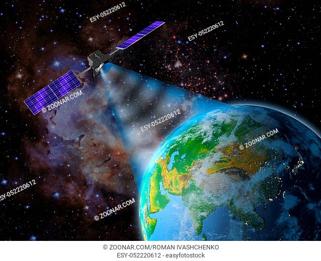 Satellite transmits a signal to the earth. 3d rendering. Elements of this image are furnished by NASA