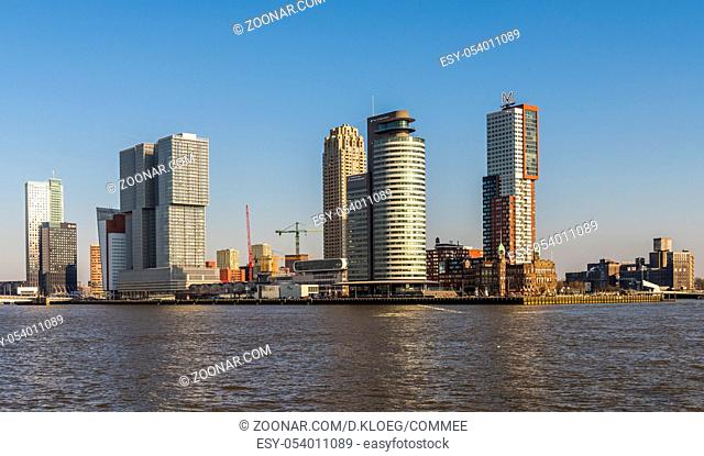 Wilhelminapier in Rotterdam with skycrapers and offices and Hotel New York