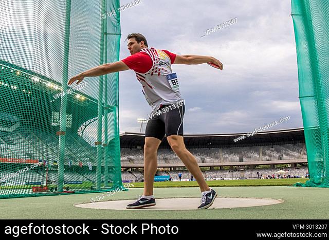 Belgian discus athlete Philip Milanov competes in the discus throw event, at the second day of the European Athletics Team Championships First League athletics...