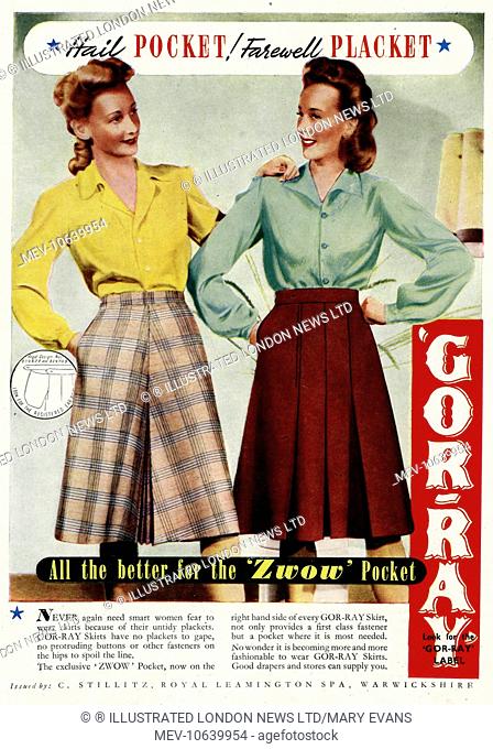 'Hail pocket! Fasewell placket'. Never again need smart women fear to wera skirts because of their untidy plackets. Gor-ray skirts have no plackets to gape