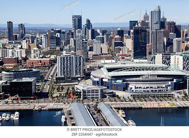 Aerial view of the Docklands in Melbourne including the CBD, Etihad Stadium and La Trobe Street