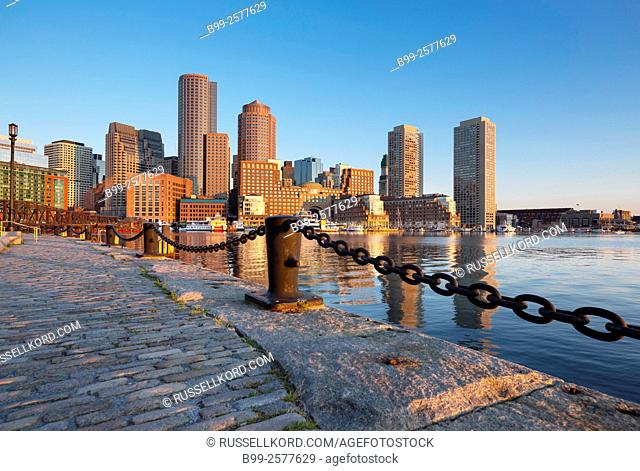 Fan Pier Harborwalk Rowes Wharf Downtown Skyline Inner Harbor South Boston Massachusetts Usa