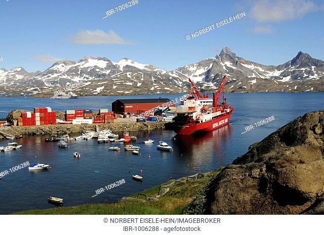Supply ship of Royal Arctic Line in Kong Oscar Fjord, Ammassalik, East Greenland, Greenland